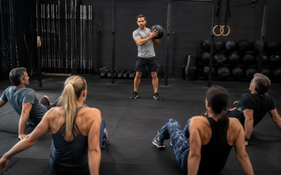 "Entraînement des abdominaux avec un coach en salle de CrossFit, exercices efficaces et sûrs pour un renforcement optimal."