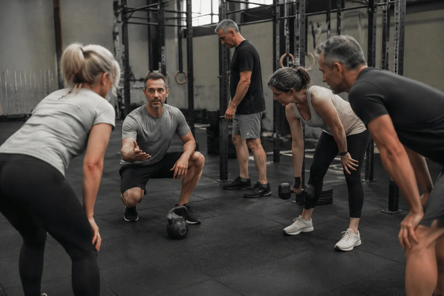 Groupe d'adultes s'entraînant ensemble dans une salle de gym.