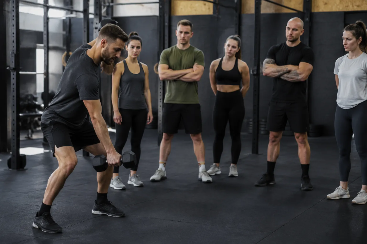 Groupe d'athlètes musclés s'entraînant ensemble dans une salle de sport.