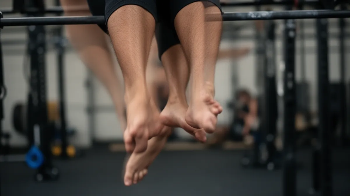 Pieds suspendus au-dessus d'un équipement de fitness.