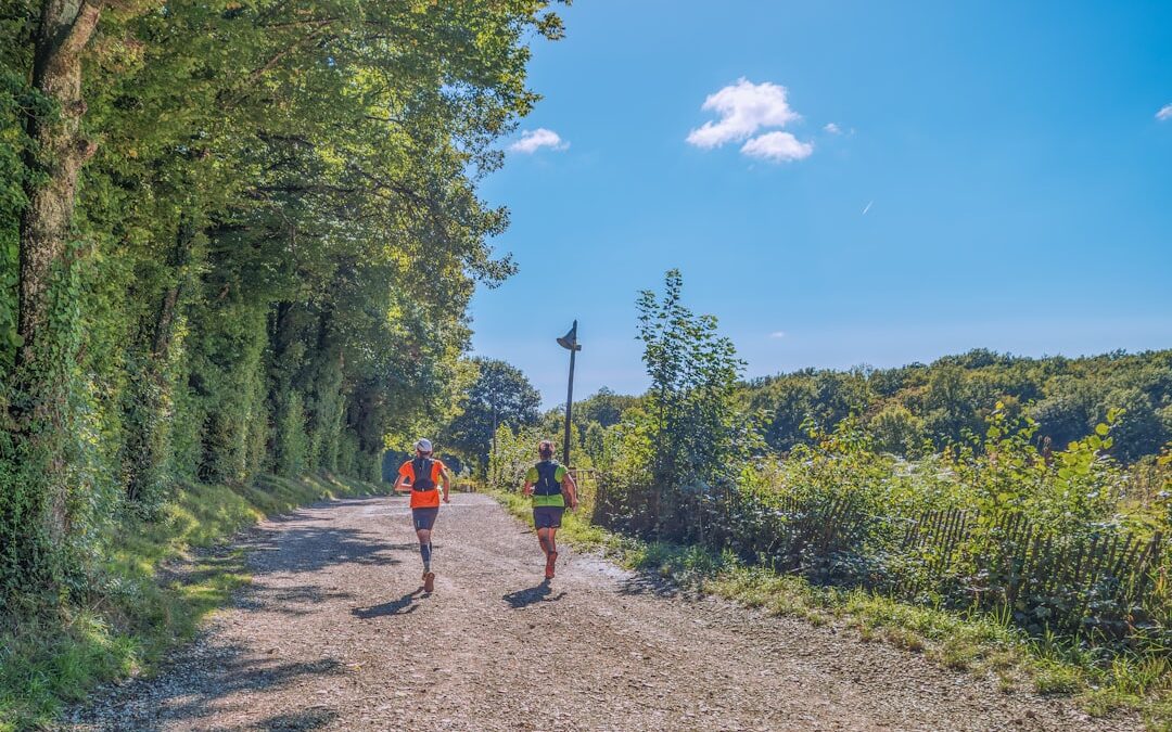comment préparer une course trail - Two runners on a path through trees
