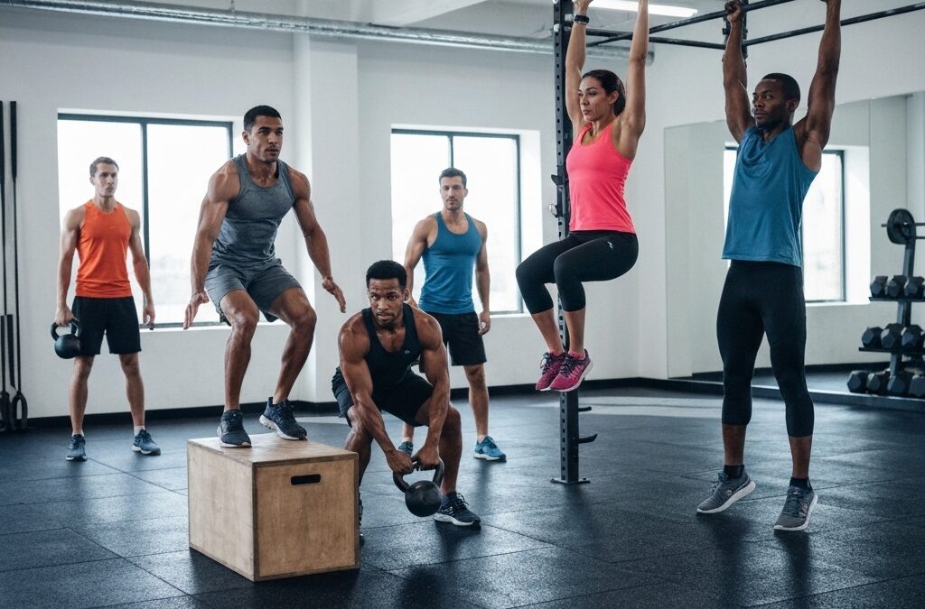 Athlètes en plein cours de cross training à Renens, soulevant des kettlebells et faisant des box jumps dans un gymnase modern