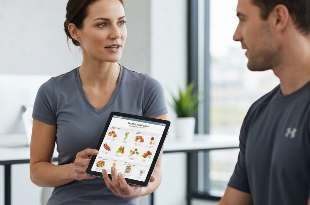Nutritionniste expert en programme de fitness expliquant un plan personnalisé à un client motivé.