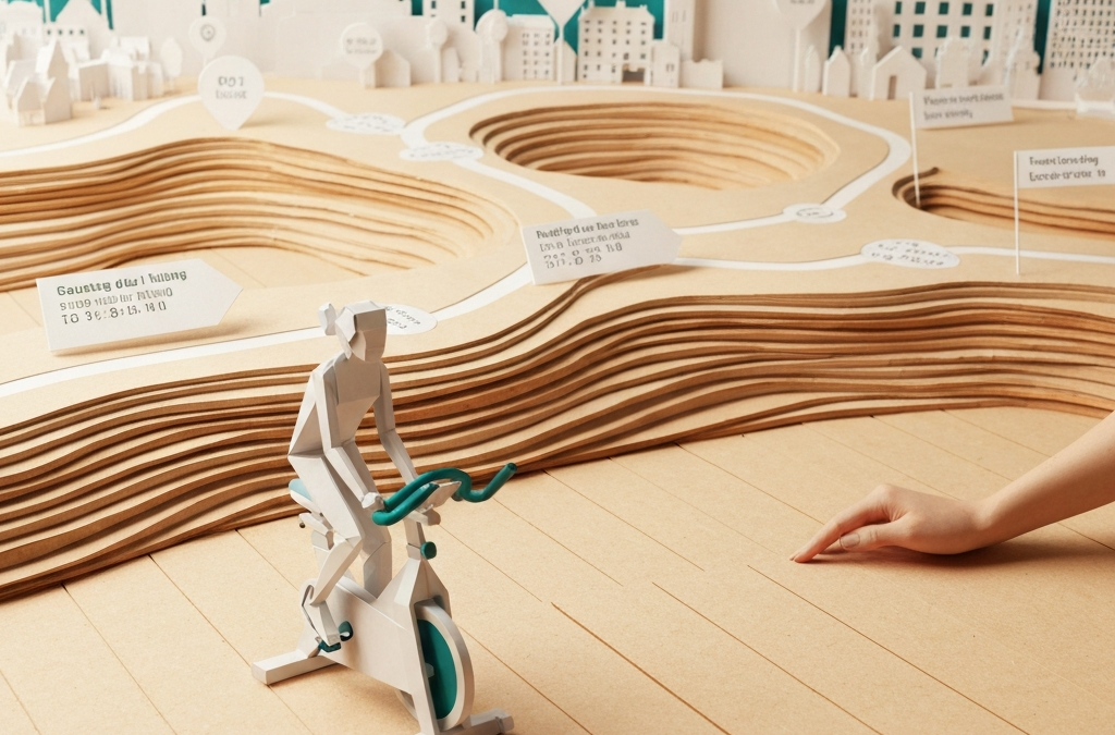 Guide Cours Spinning Lausanne: illustration paper craft d'un cycliste et chemins en papier indiquant lieux et horaires d'entr