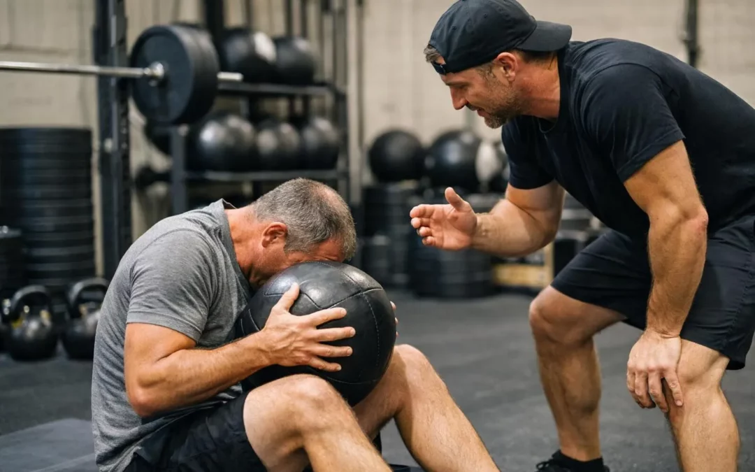 Exercice pour abdomen en salle de CrossFit avec coach, ballon médicinal et équipements de musculation.