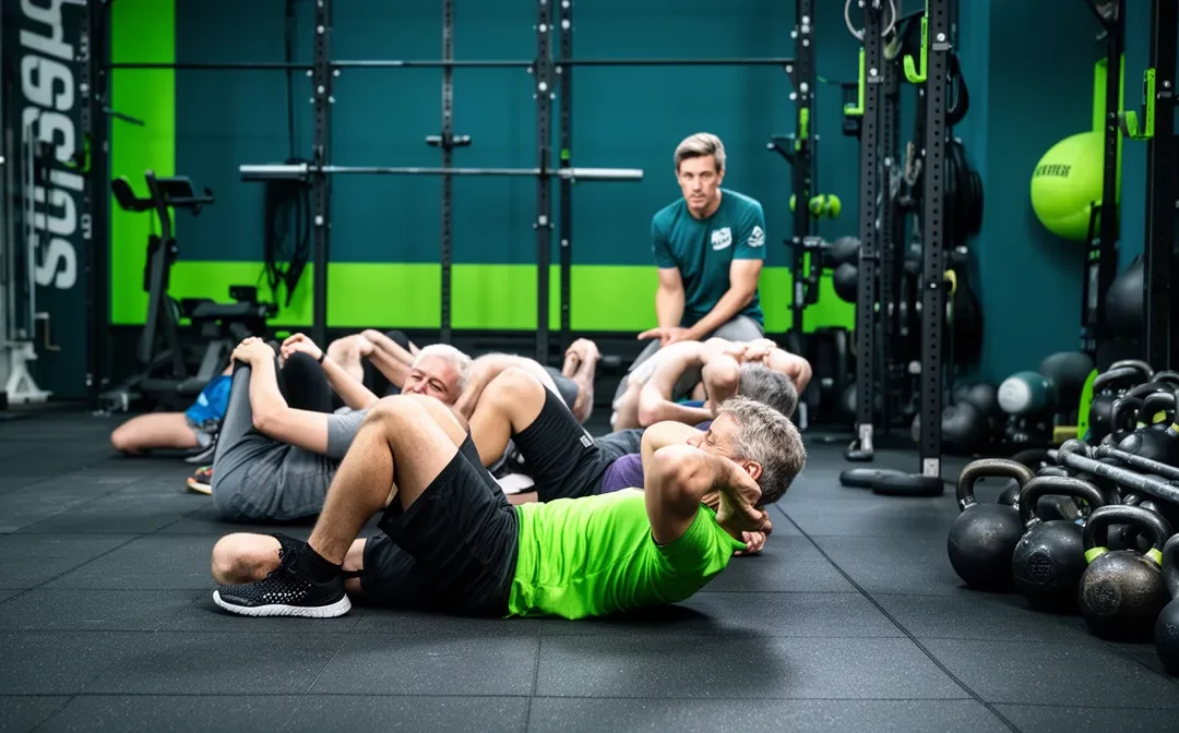 "Crunchs au sol en salle d'entraînement avec coach, matériel de musculation en arrière-plan."