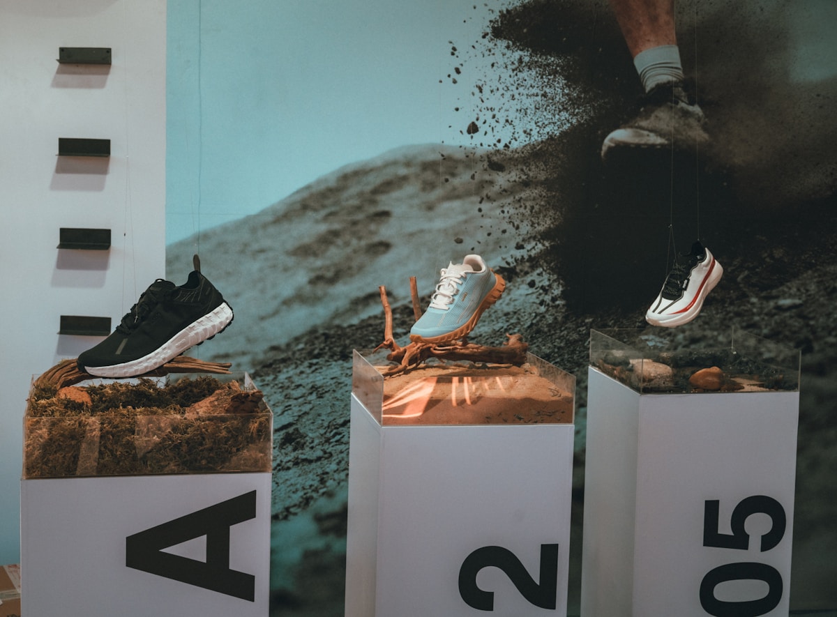 Chaussures de sport sur des socles avec paysage de montagne.