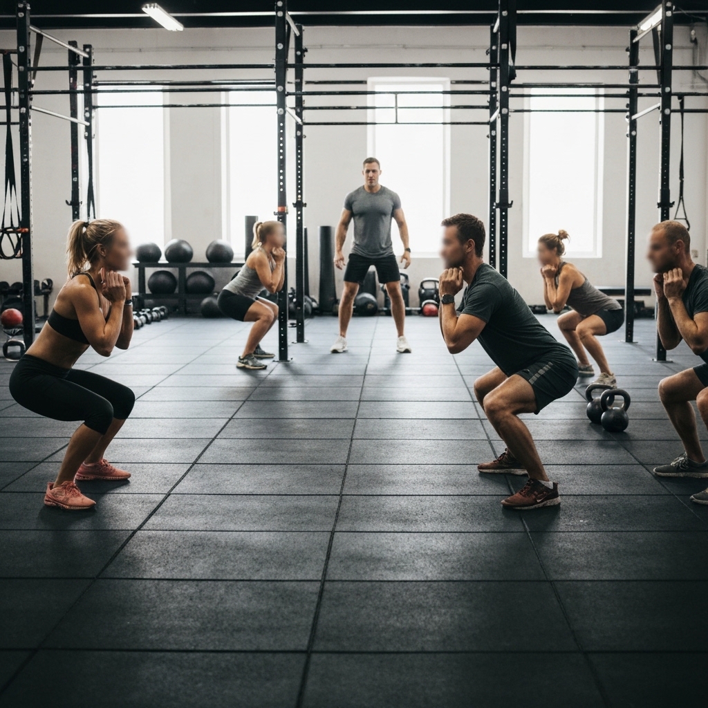 [Un groupe diversifié de personnes (âges et genres variés) s'entraînant dans un studio moderne et lumineux comme celui de Unit62, effectuant des mouvements fonctionnels comme des squats ou des soulevés de kettlebell.]