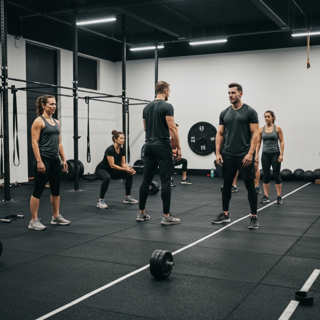 Groupe de quatre adultes souriants en tenue de sport dans un studio moderne, un coach masculin en train d'expliquer un exercice avec gestes bienveillants, lumière naturelle et ambiance chaleureuse