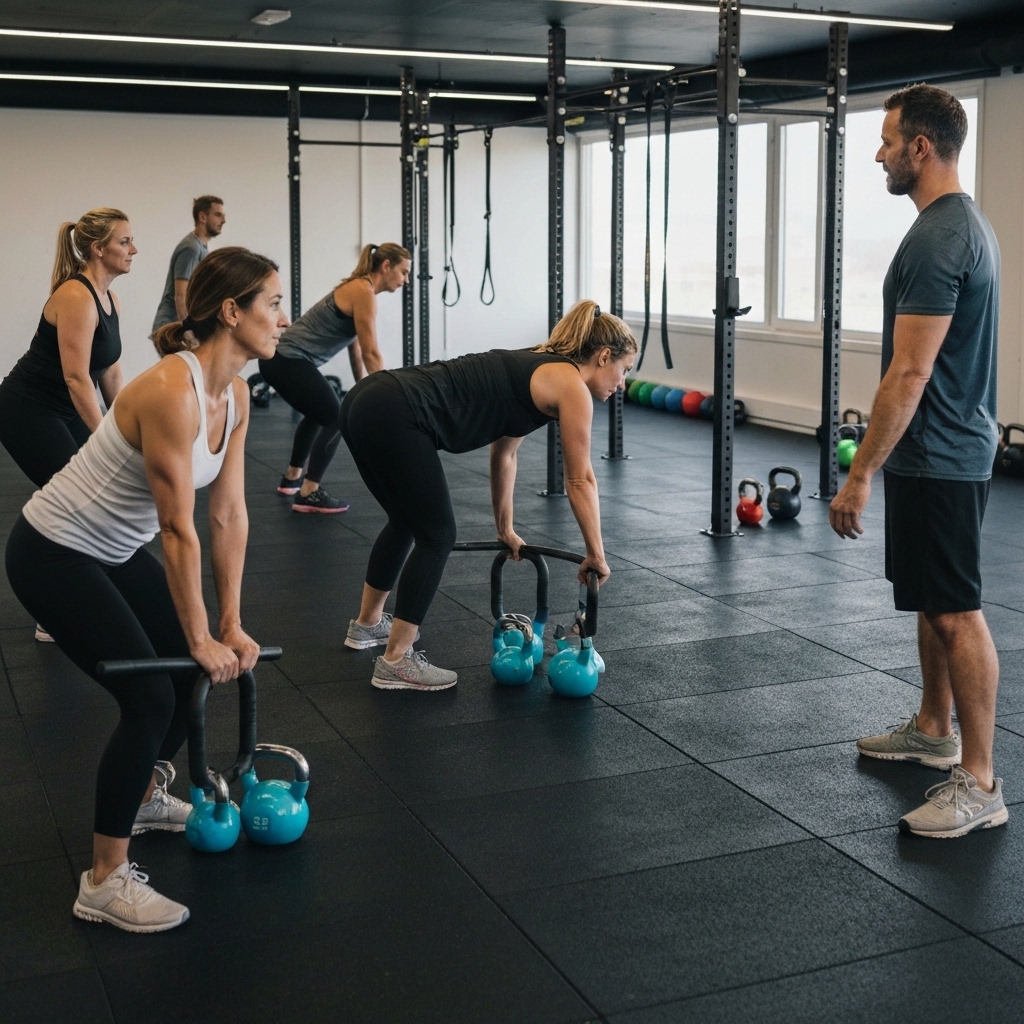 Groupe d'adultes en tenue sportive effectuant des exercices variés dans un studio moderne avec équipement professionnel, coach en mouvement supervisant, lumière naturelle, ambiance dynamique et collaborative