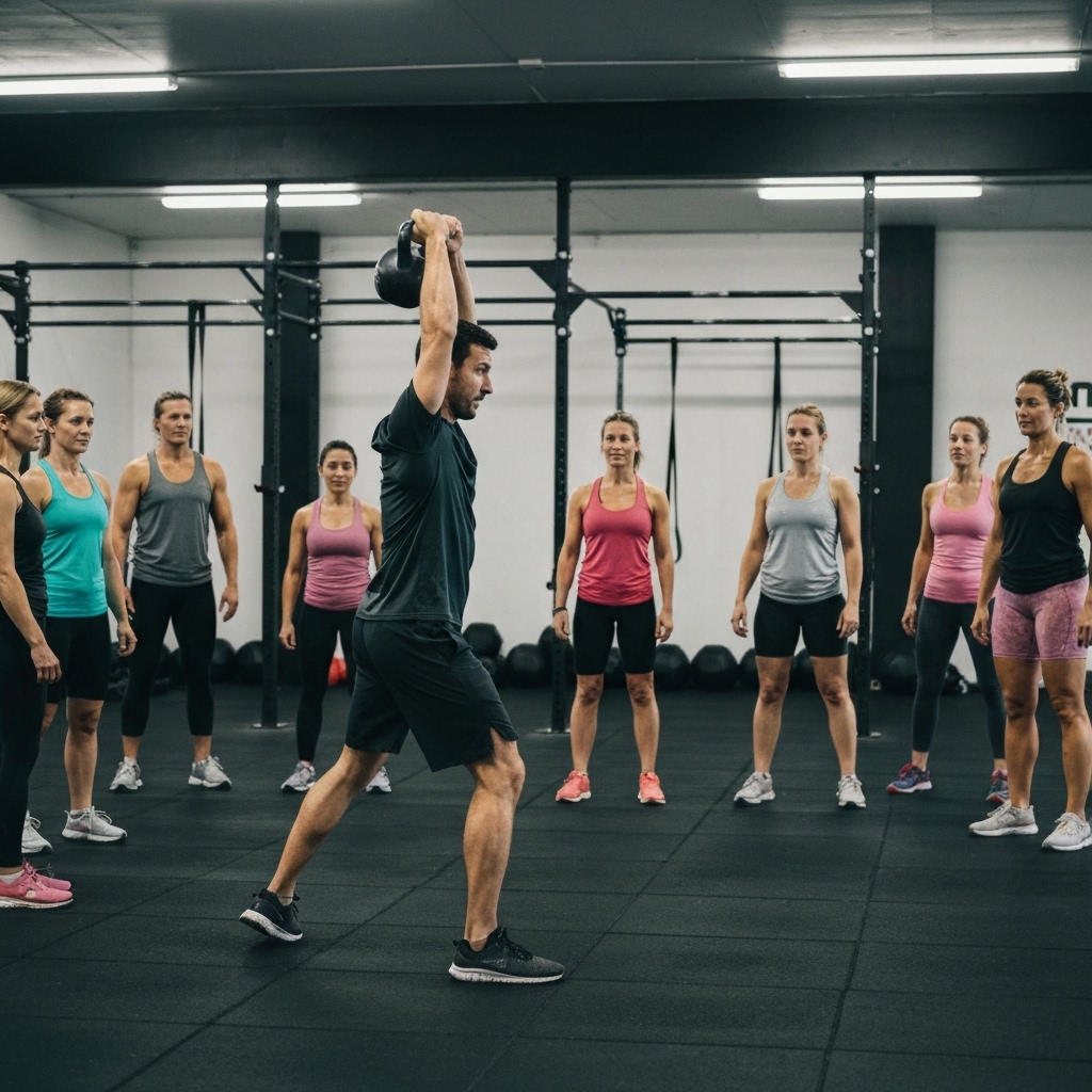Instructeur de fitness debout face à un groupe de six participants adultes (35-50 ans) dans une salle d'entraînement de type CrossFit, démontrant un mouvement avec un kettlebell, participants en tenue sportive disposés en demi-cercle, équipements fonctionnels visibles en arrière-plan (barres, racks, wall balls), lumière naturelle et dynamique, visages floutés et non identifiables, ambiance professionnelle et énergique