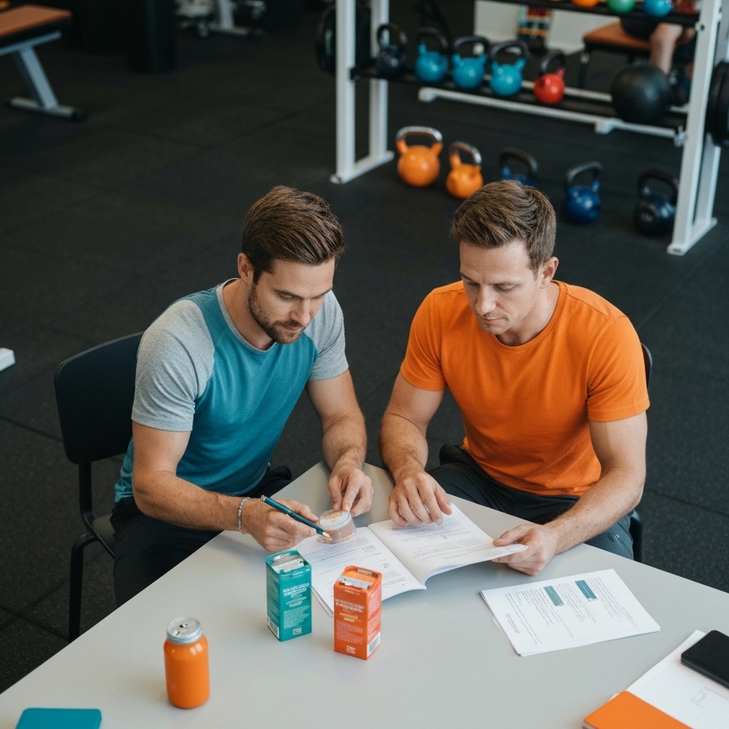 Un nutritionniste et un athlète examinent des boîtes de préparation de repas et un cahier d'entraînement dans une salle de sport avec équipements.