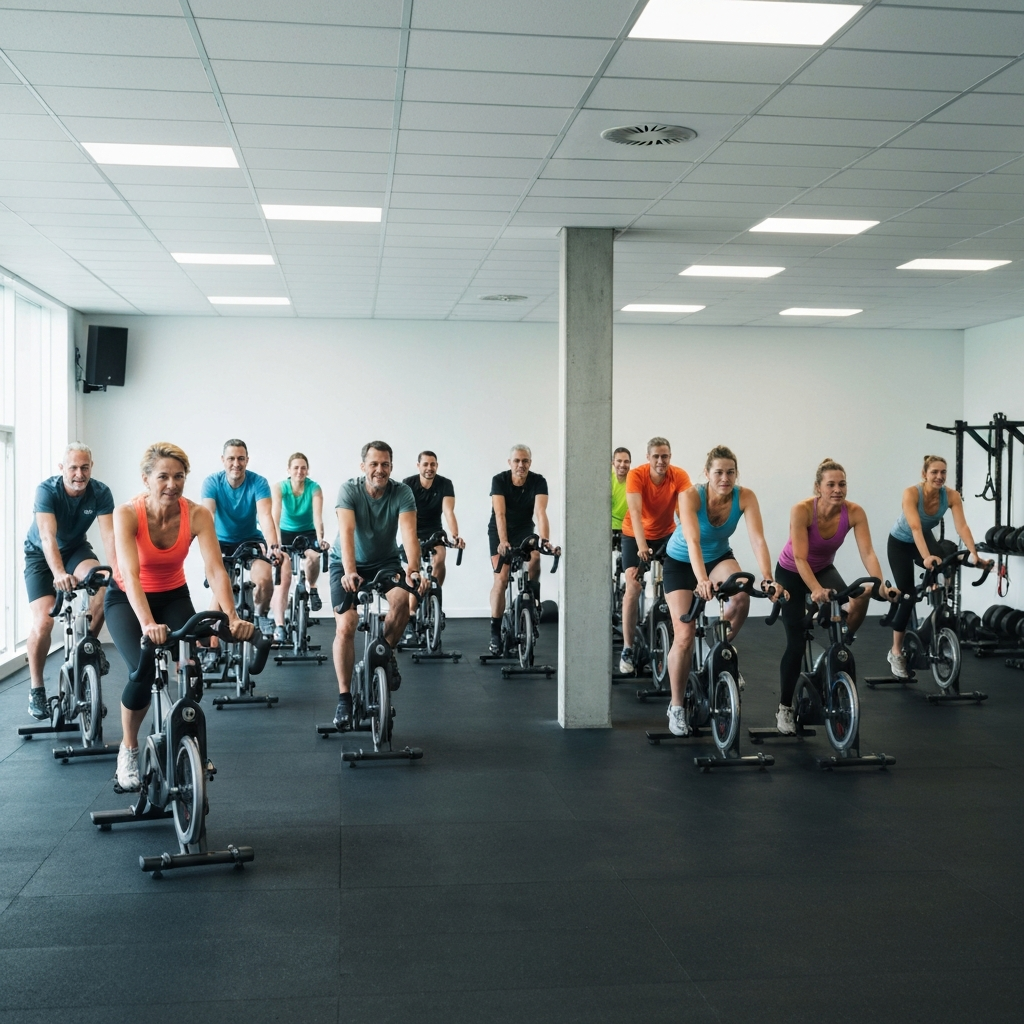 Un studio de cyclisme indoor moderne à Lausanne avec un groupe d'adultes de 35 à 50 ans s'entraînant sur des vélos stationnaires, un entraîneur supervisant depuis le côté, équipement de gym fonctionnel visible en arrière-plan, atmosphère énergique avec éclairage t