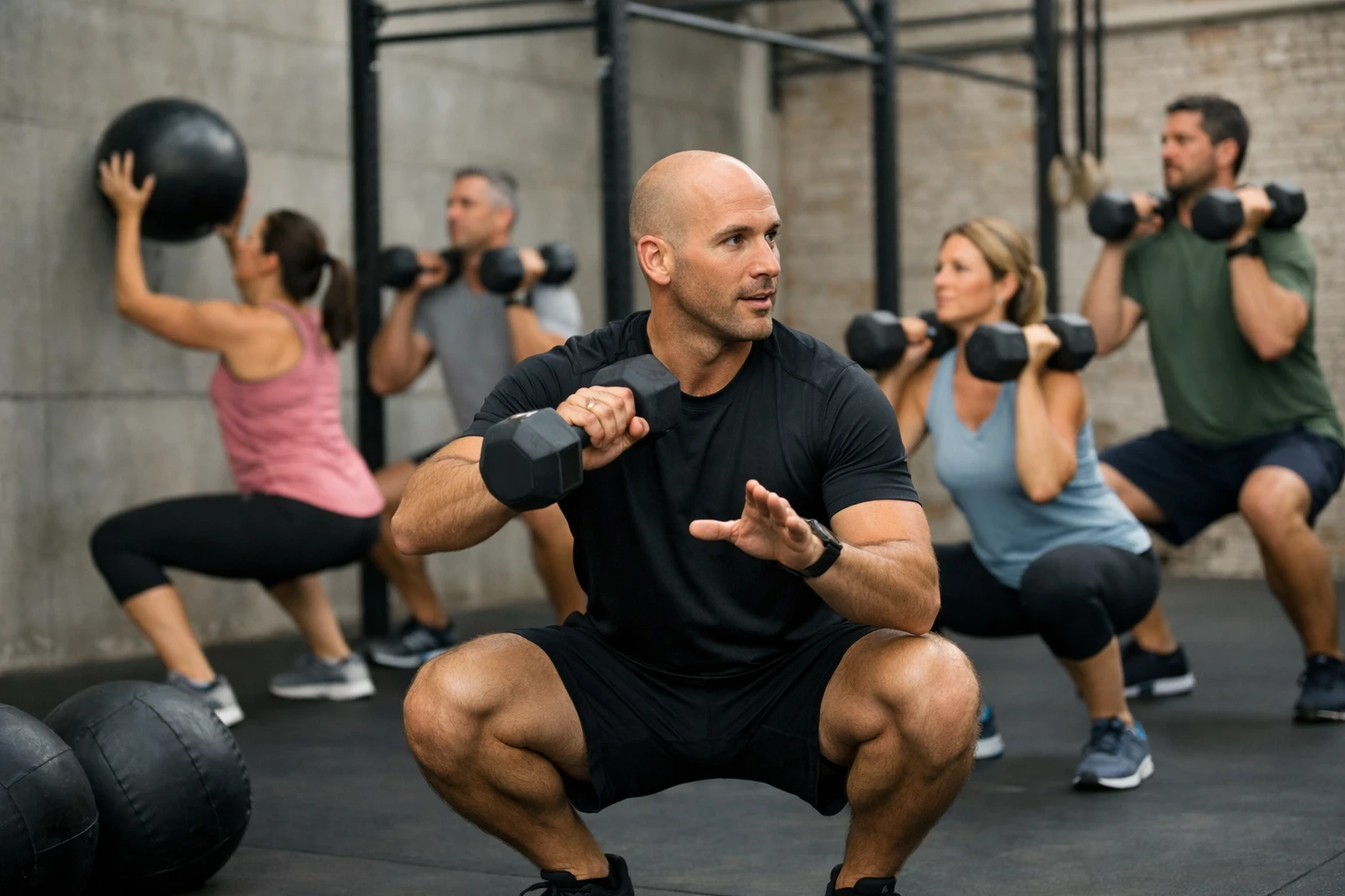 Un groupe d'adultes de 35 à 50 ans effectuant des exercices d'entraînement fonctionnel avec des kettlebells et des wall balls dans une salle de sport au style industriel, un entraîneur professionnel démontrant la bonne forme aux participants.