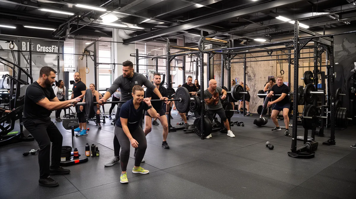 Salle de gym CrossFit avec équipements et athlètes en entraînement.