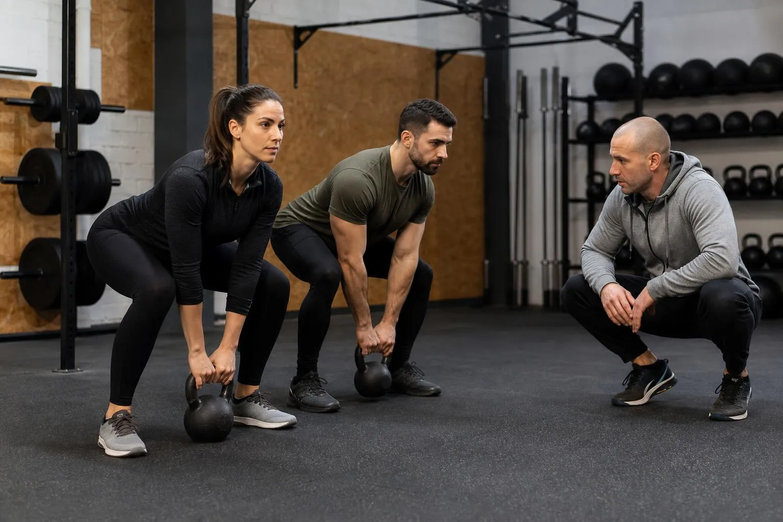 Trois personnes s'entraînant dans une salle de gym avec des haltères.