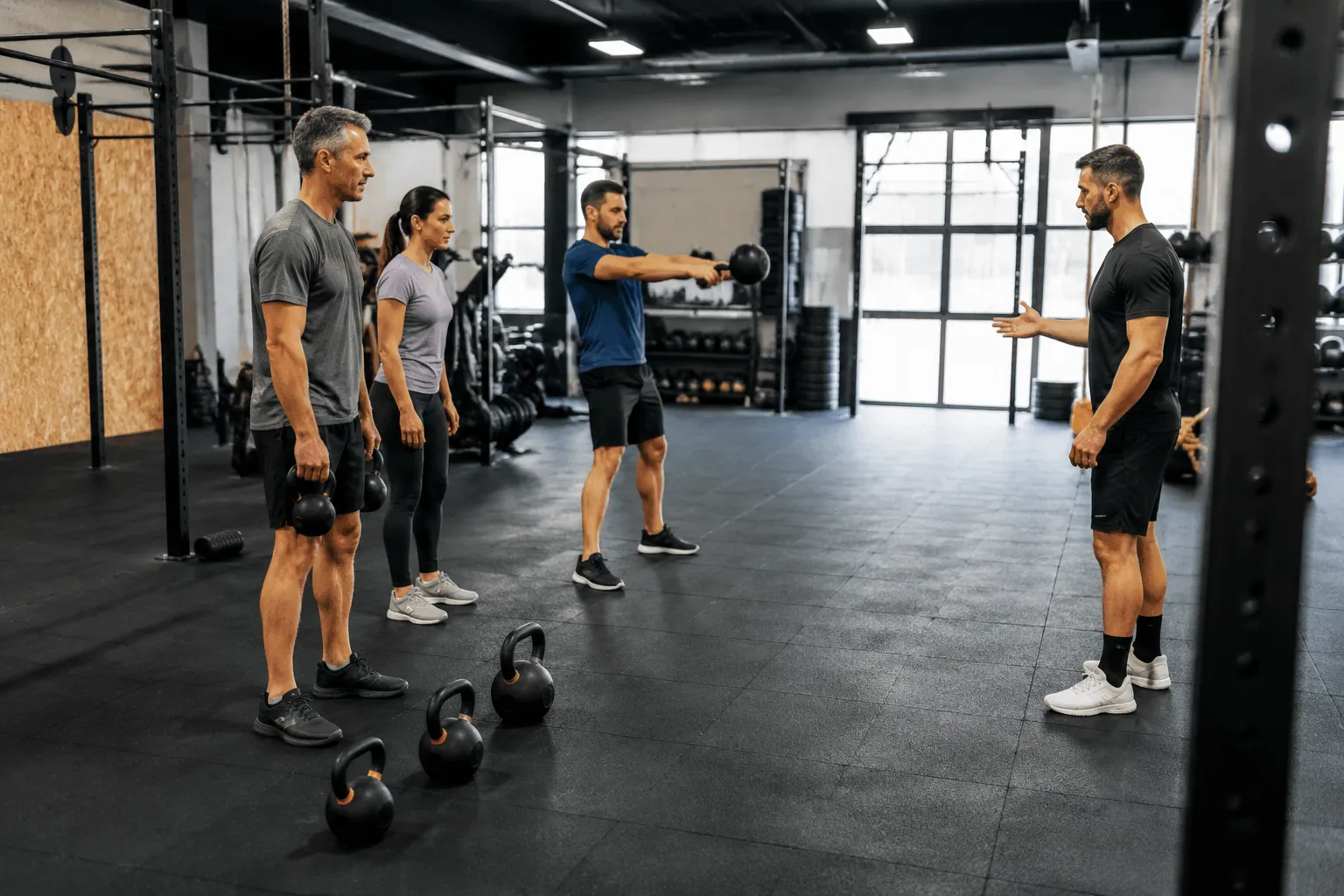 Groupe d'adultes s'entraînant avec des haltères dans une salle de gym.