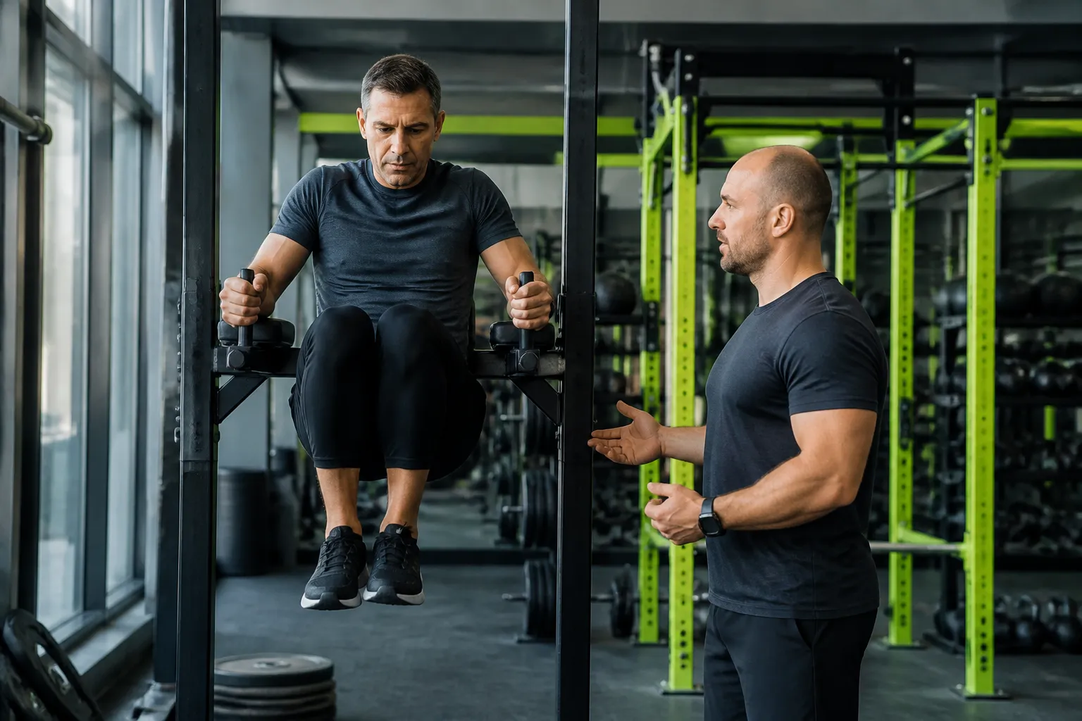 Deux hommes en tenue de sport dans une salle de gym.