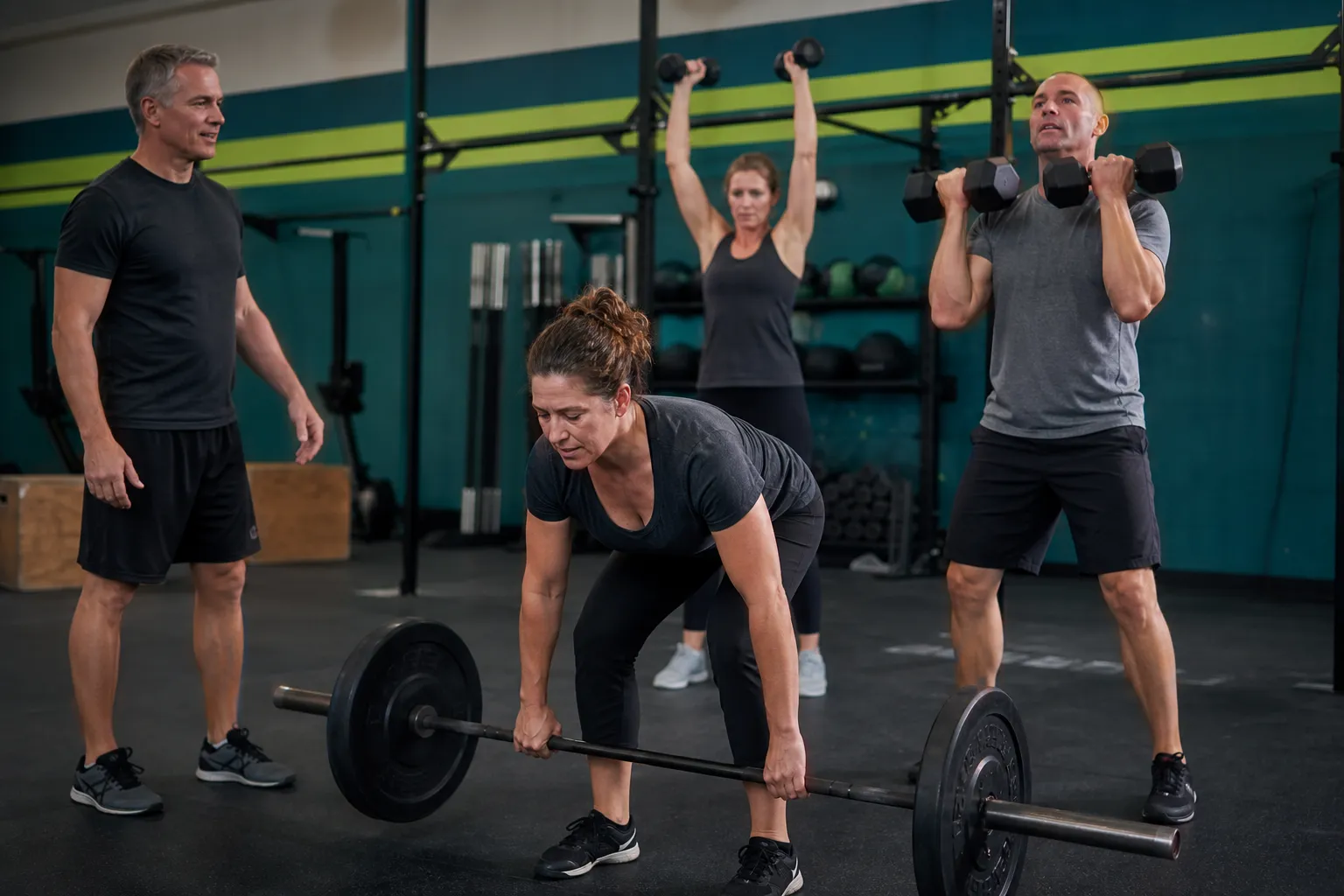 Groupe d'athlètes s'entraînant dans une salle de gym avec haltères et barres.
