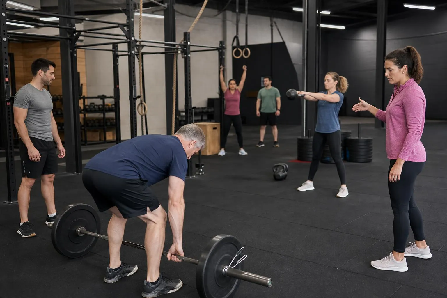 Groupe de personnes s'entraînant dans une salle de gym équipée.