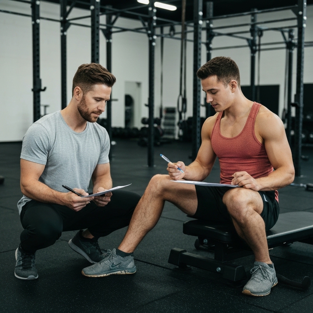 Consultation professionnelle dans un centre de fitness fonctionnel, un nutritionniste certifié examine les données de composition corporelle et les plans alimentaires avec un athlète de 35 à 50 ans, avec des équipements d'entraînement en arrière-plan.