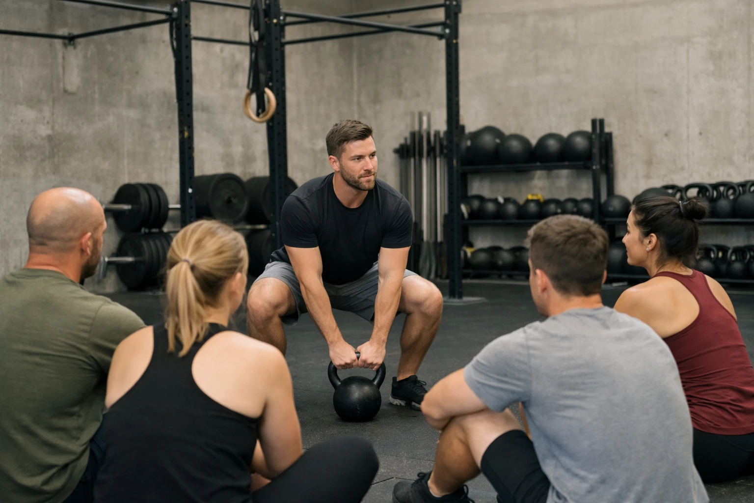 Séance d'entraînement fonctionnel en petit groupe dans un gymnase de style CrossFit, avec un coach démontrant des mouvements à 4-5 adultes de 35 à 50 ans.