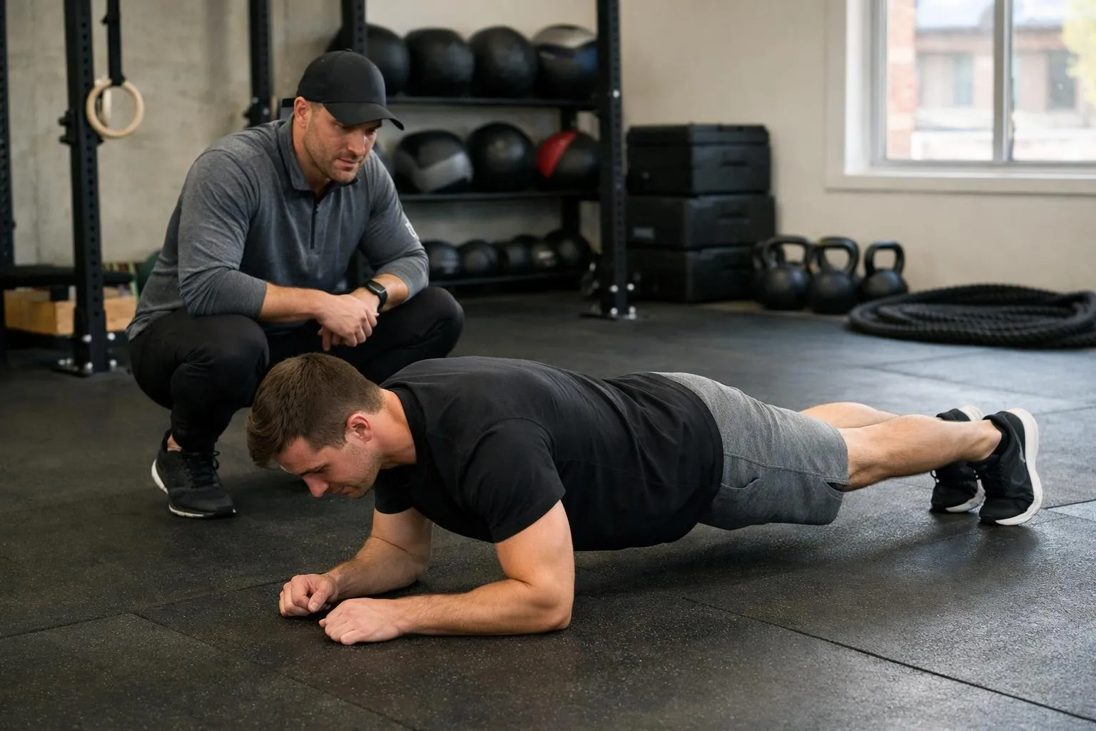 Homme en tenue de sport effectuant un exercice de planche sous la supervision d'un entraîneur.