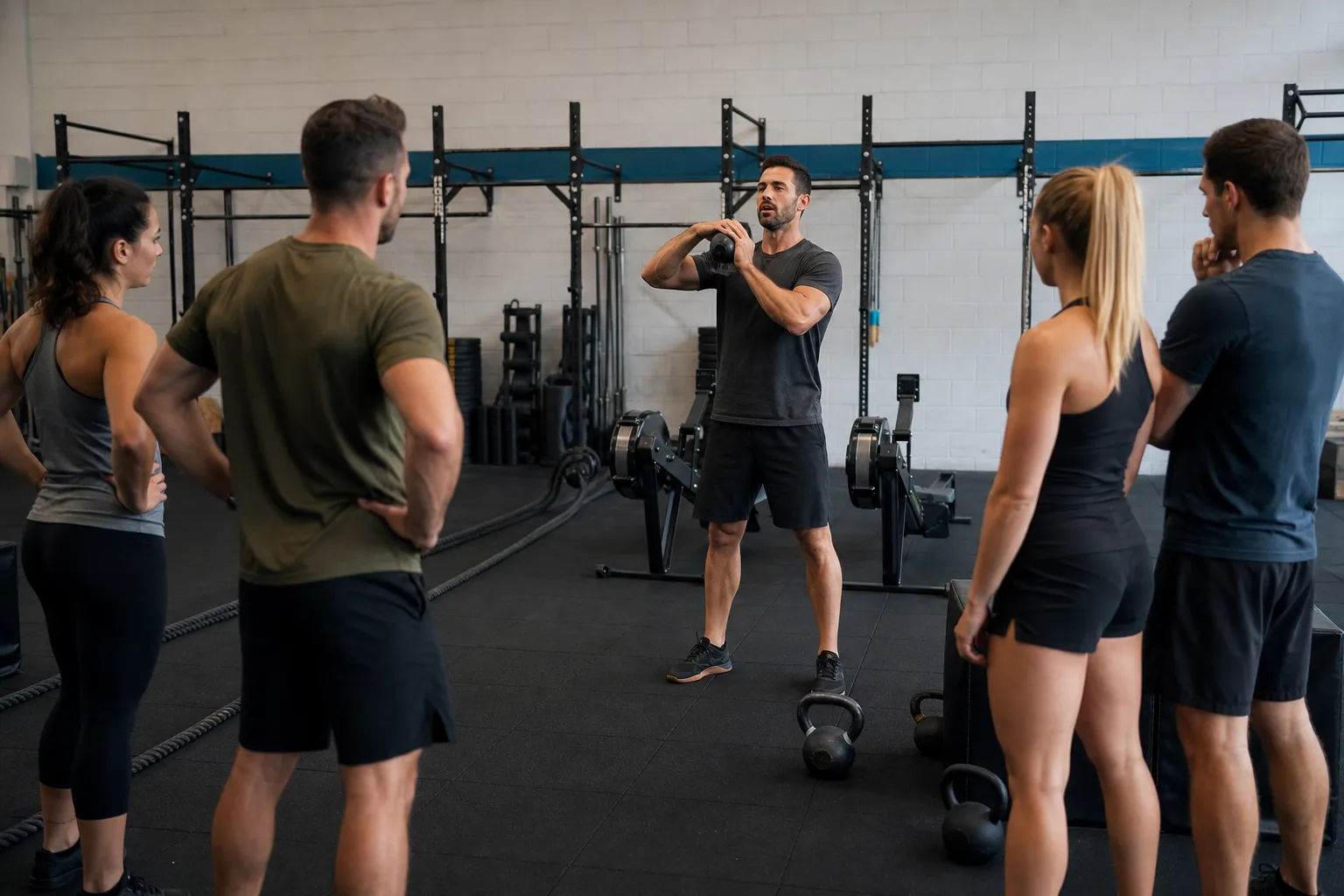 Groupe de personnes s'entraînant dans une salle de gym équipée.