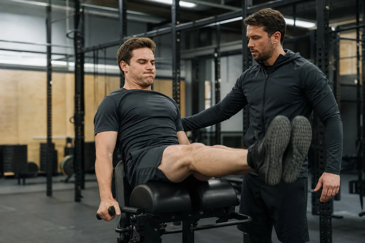 Deux hommes dans une salle de gym, l'un assis sur un banc et l'autre l'aidant.