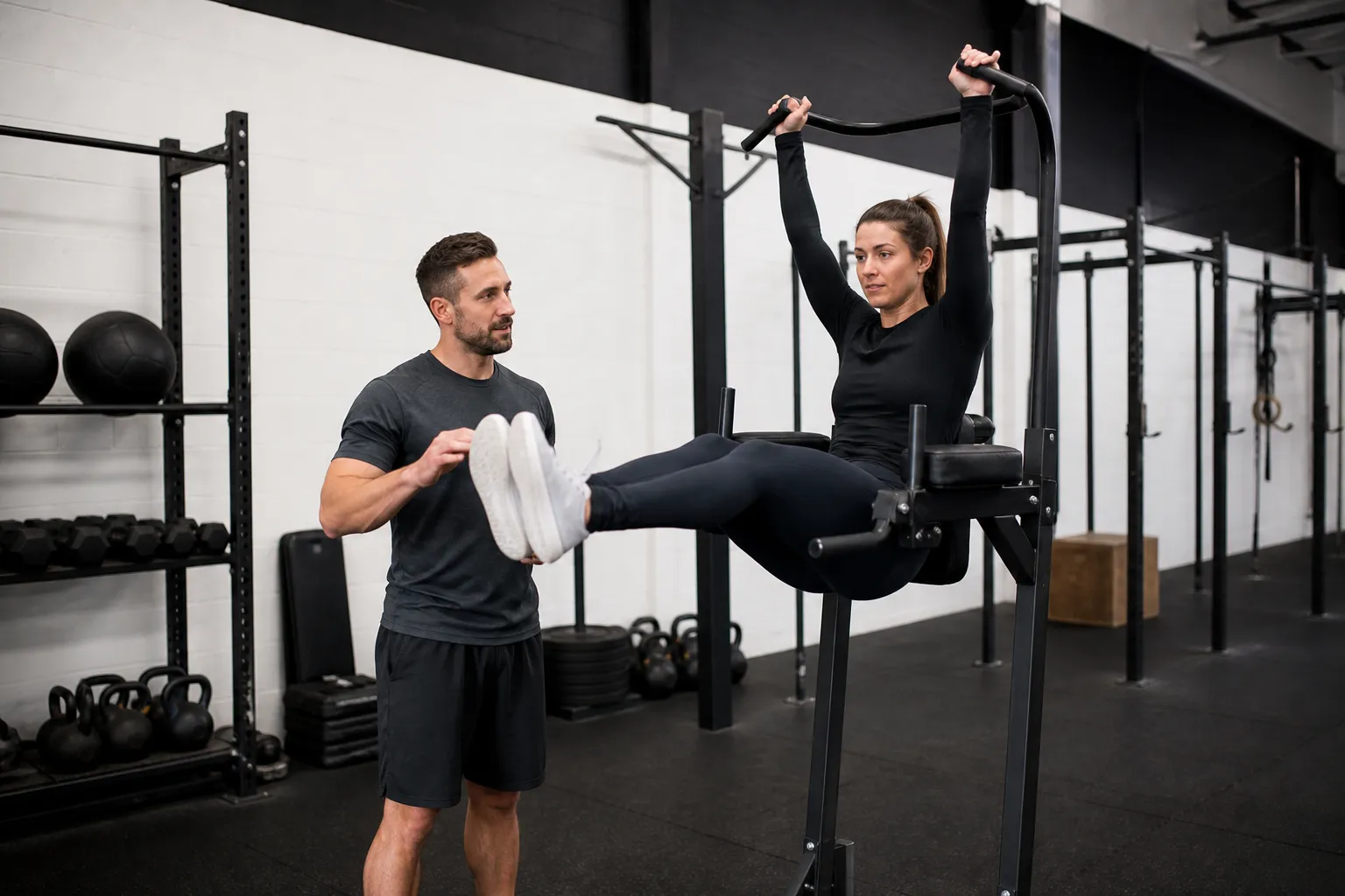 Homme et femme s'entraînant ensemble dans une salle de gym.