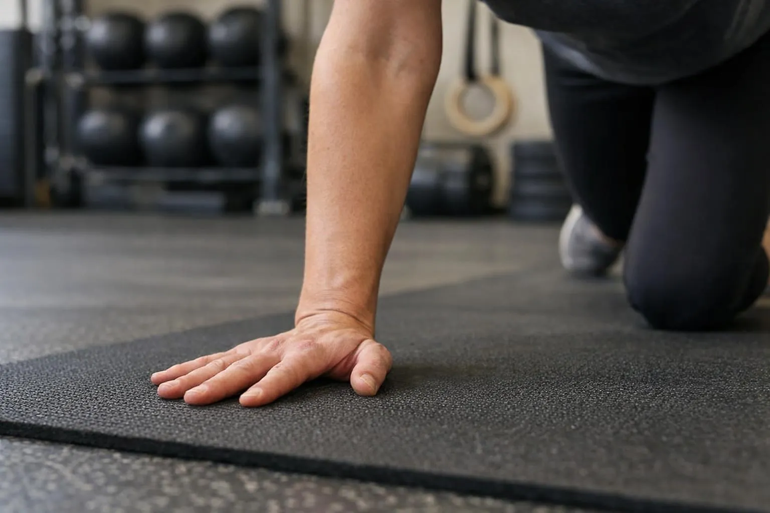 Main posée sur un tapis d'exercice dans une salle de gym.