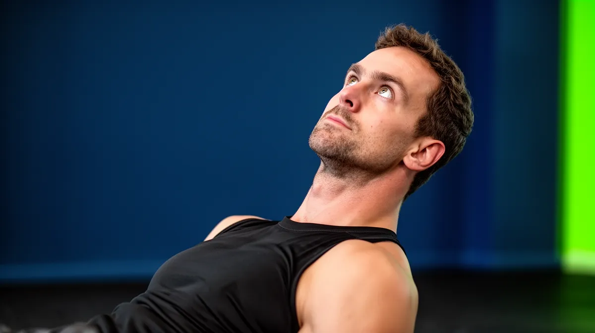 Homme musclé en tenue noire regardant pensivement vers le haut.
