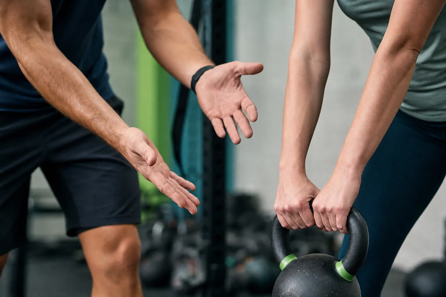 Deux personnes se serrant la main près d'un équipement de fitness.