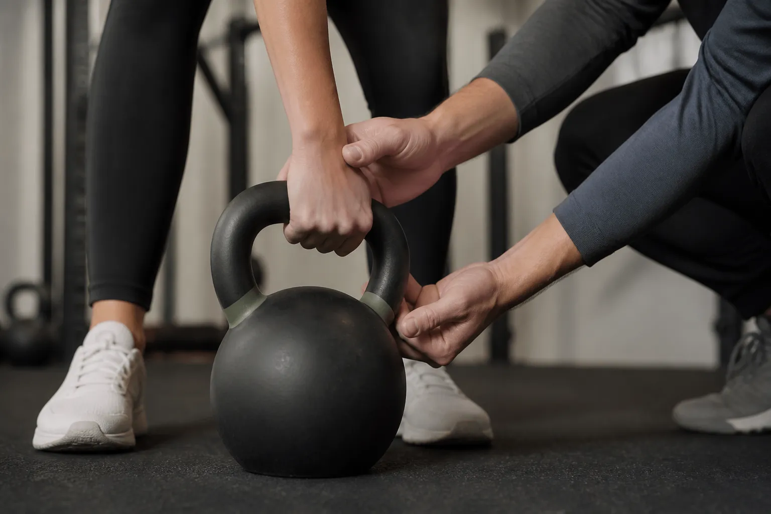 Mains saisissant un haltère de musculation dans une salle de gym.