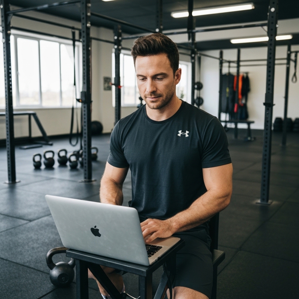 Instructeur de fitness travaillant sur un ordinateur portable dans un espace de coaching moderne, entouré d'équipement fonctionnel comme des kettlebells et barres, ambiance professionnelle avec lumière naturelle, personne vue de dos ou de profil sans visage identifiable, âge apparent 35-45 ans, studio de type CrossFit en arrière-plan