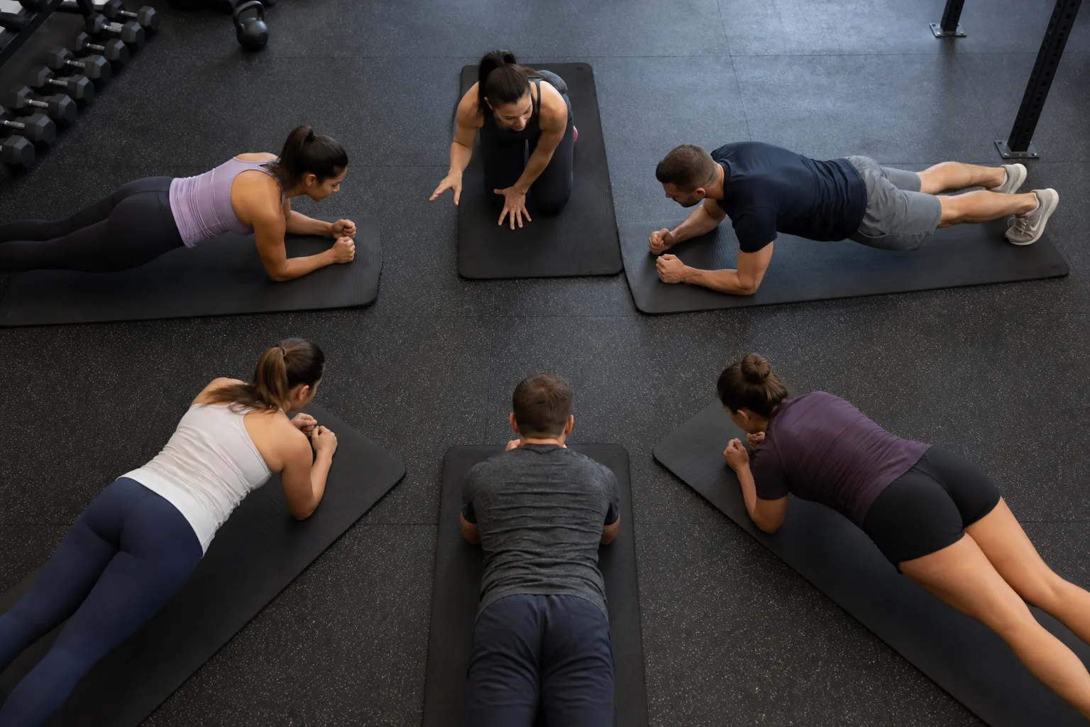 Groupe de personnes pratiquant des exercices de fitness au sol dans une salle de gym.