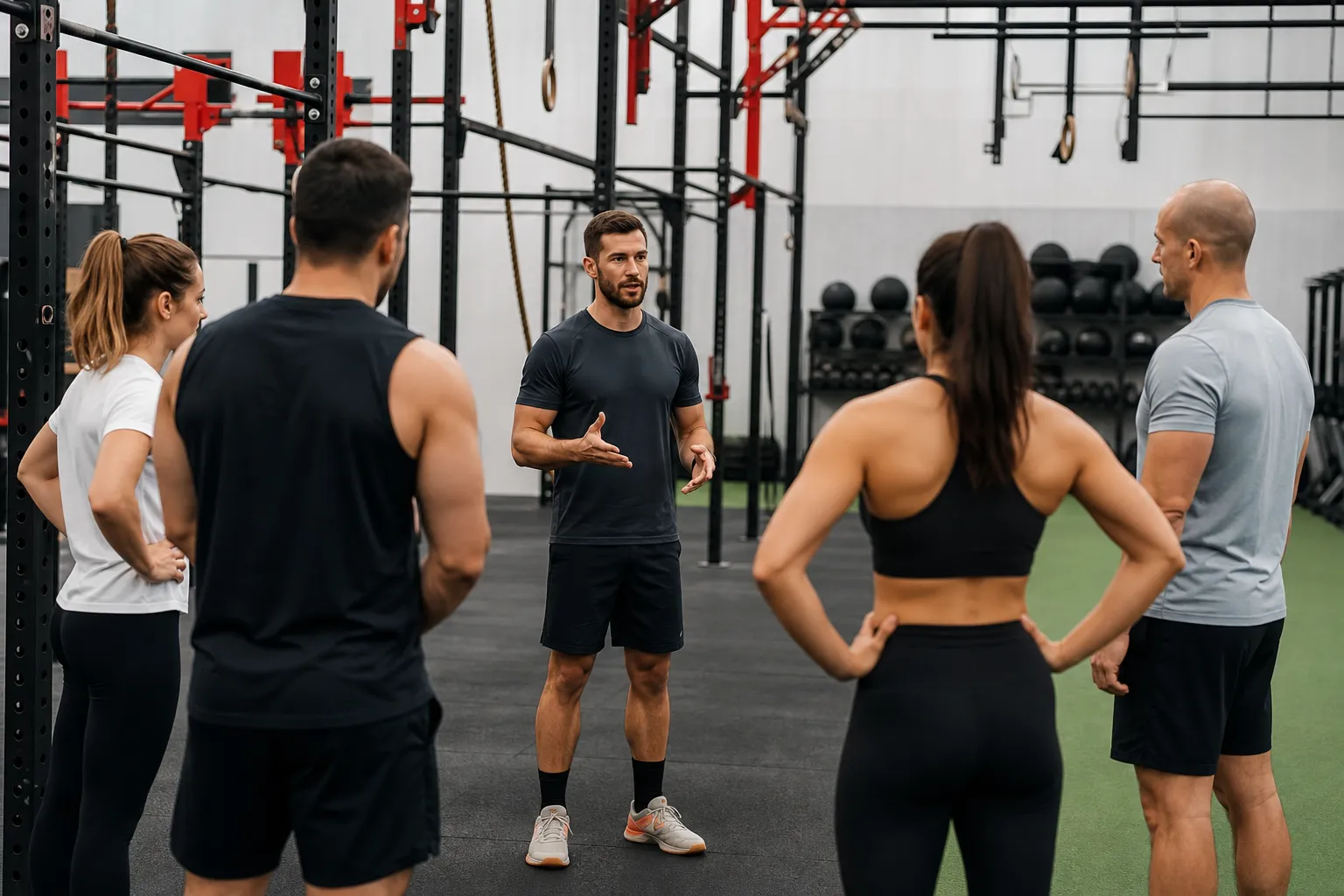 Groupe d'athlètes discutant dans une salle de sport équipée.