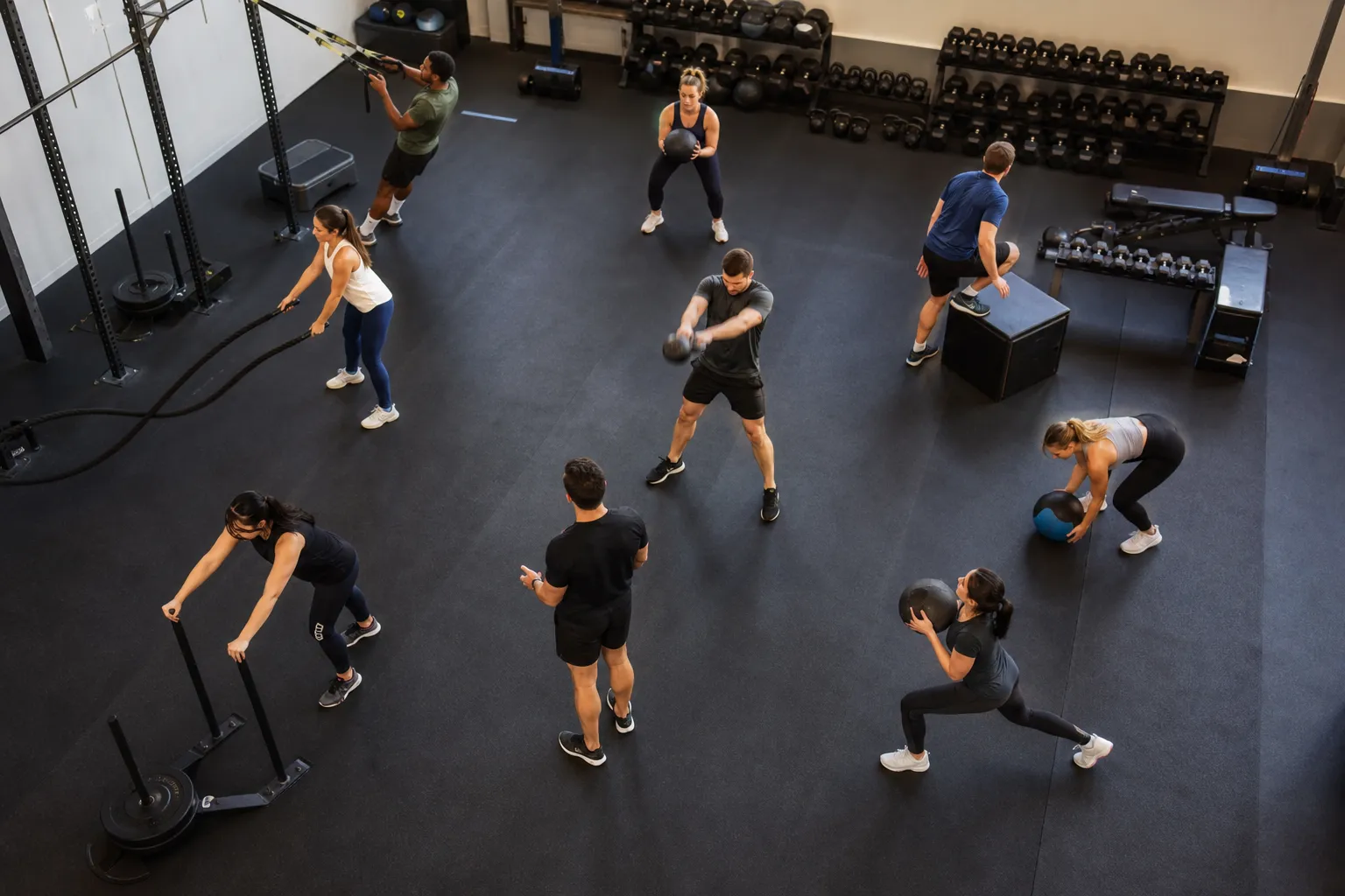 Groupe de personnes s'entraînant dans une salle de gym équipée.