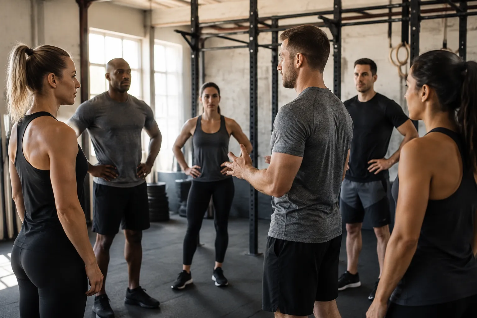 Groupe de personnes en tenue de sport discutant dans une salle de gym.