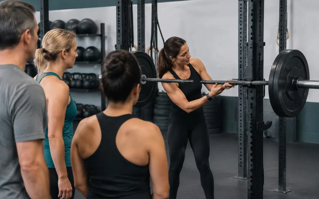 Coach montre la prise d’une barre d’haltérophilie en salle CrossFit.