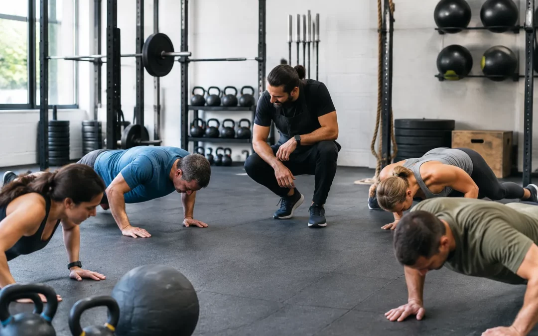 Coach encadrant un groupe de HIIT à Renens dans une salle CrossFit équipée de barres et kettlebells.