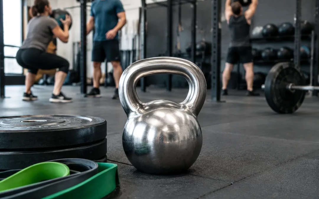Kettlebell en acier inoxydable sur tapis de CrossFit, lumière flat et détails métalliques.