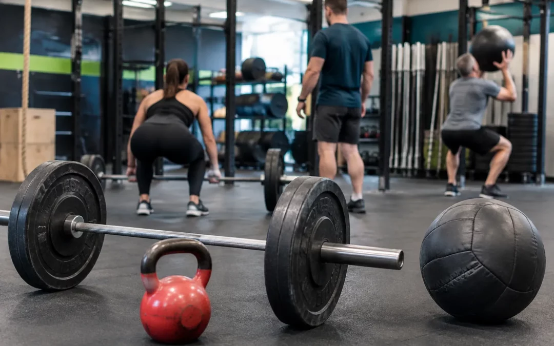 Salle de CrossFit avec équipement complet, lumière flat, effet bokeh.