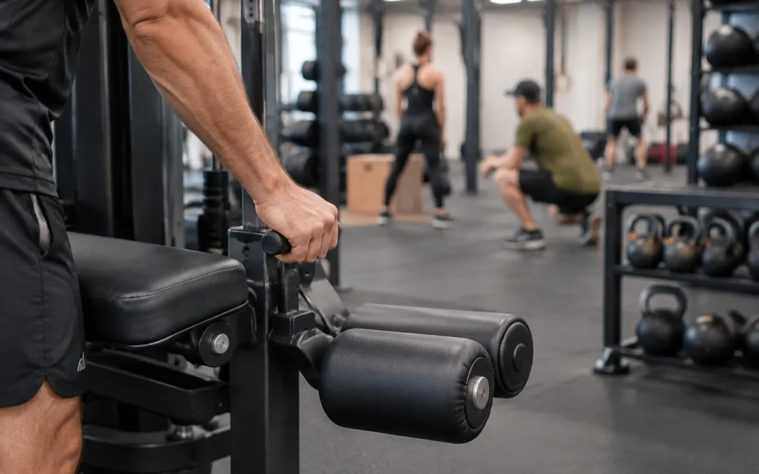Main tenant le manche d’une machine à extensions de jambes dans une salle de CrossFit.