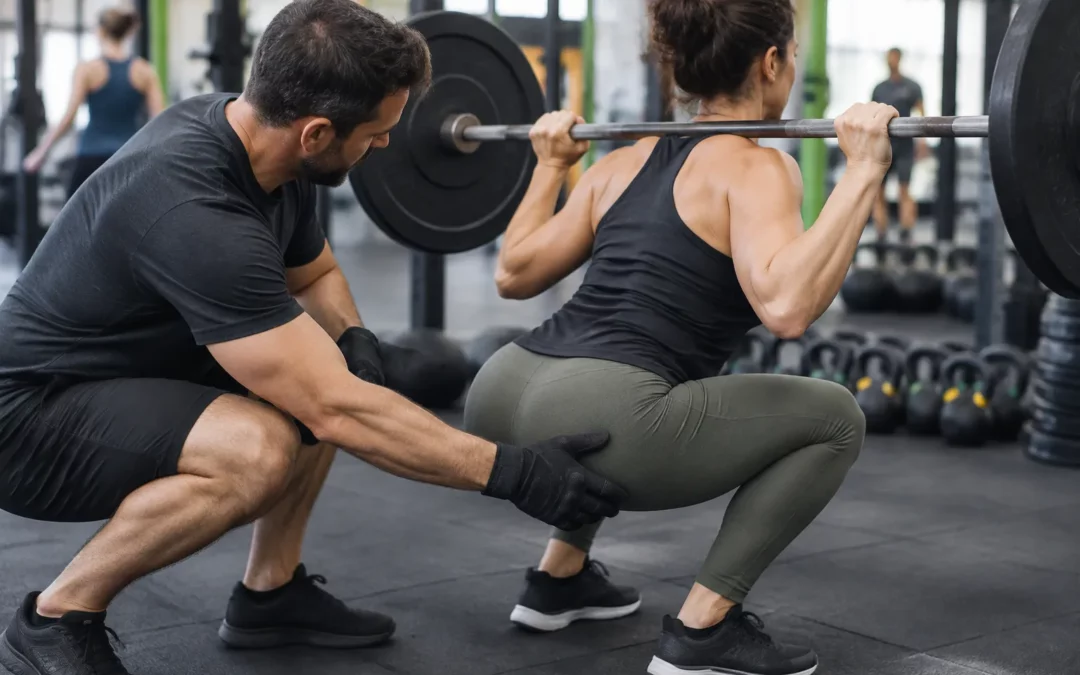 Coach guidant la jambe d’un athlète de 40 ans lors d’un squat en salle CrossFit.