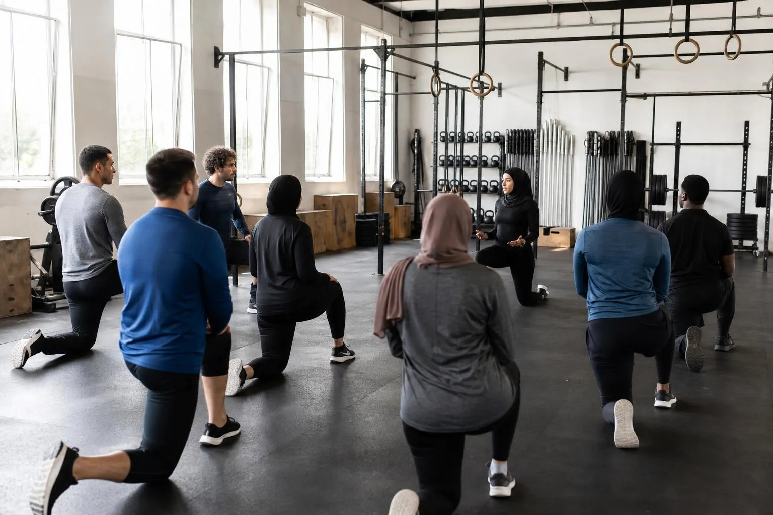 Groupe de personnes dans une salle de gym équipée d'appareils de musculation.