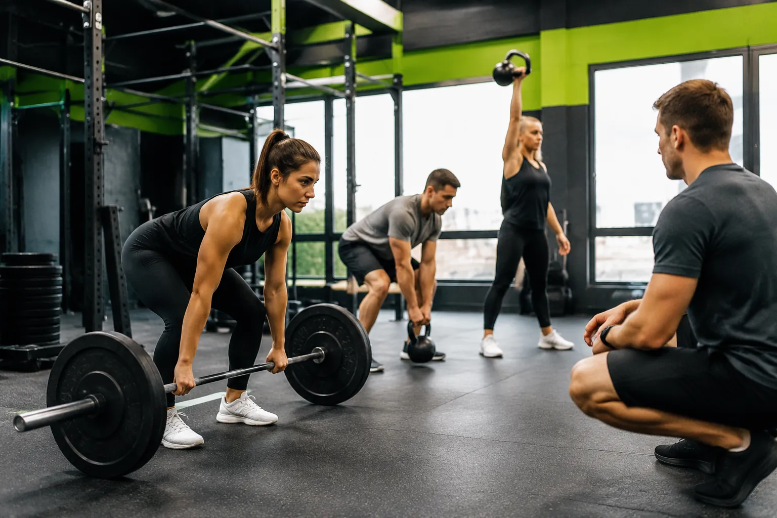 Groupe de personnes s'entraînant dans une salle de gym avec équipements.