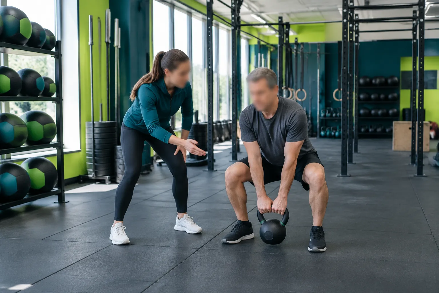 Coach guidant un homme pendant un exercice au kettlebell en salle.