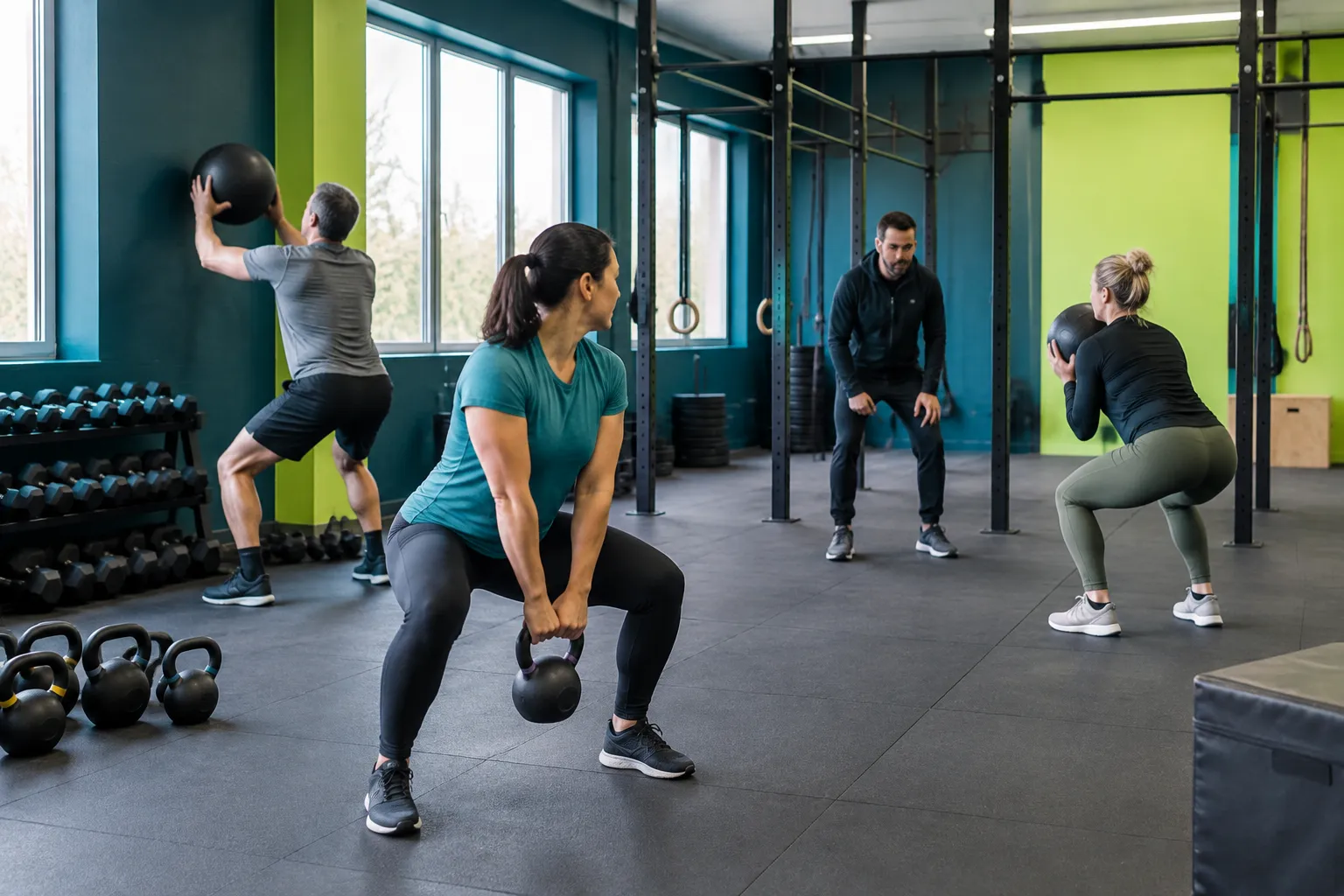 Cours de CrossFit avec exercices de kettlebell et médecine-ball