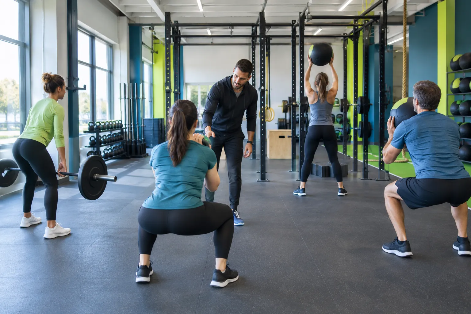 Cours de fitness collectif avec poids et ballons médicinaux.